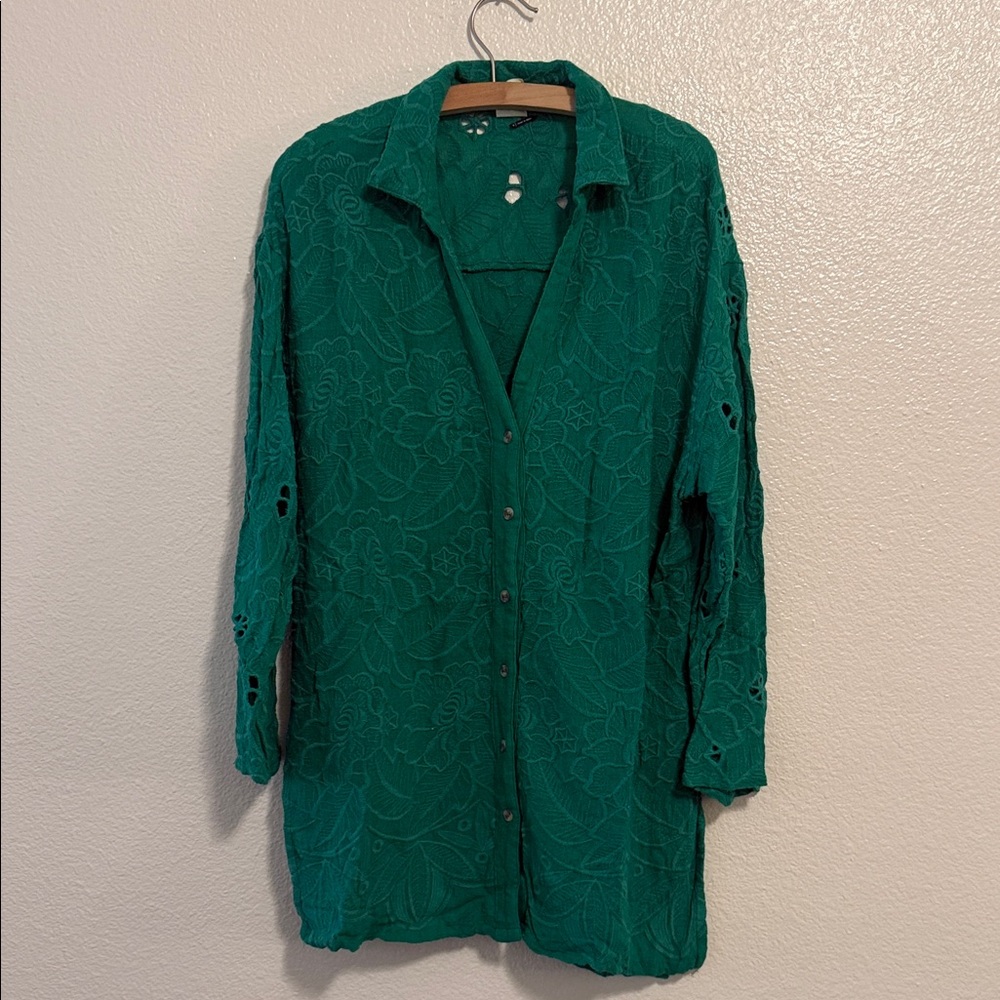 Anthropologie Women's Green Gauze Embroidered Shirt